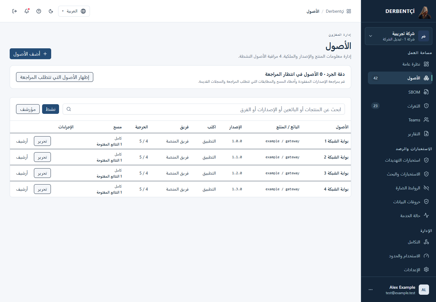 شاشة الجرد تعرض المنتجات والإصدارات والفرق ونتائج المسح