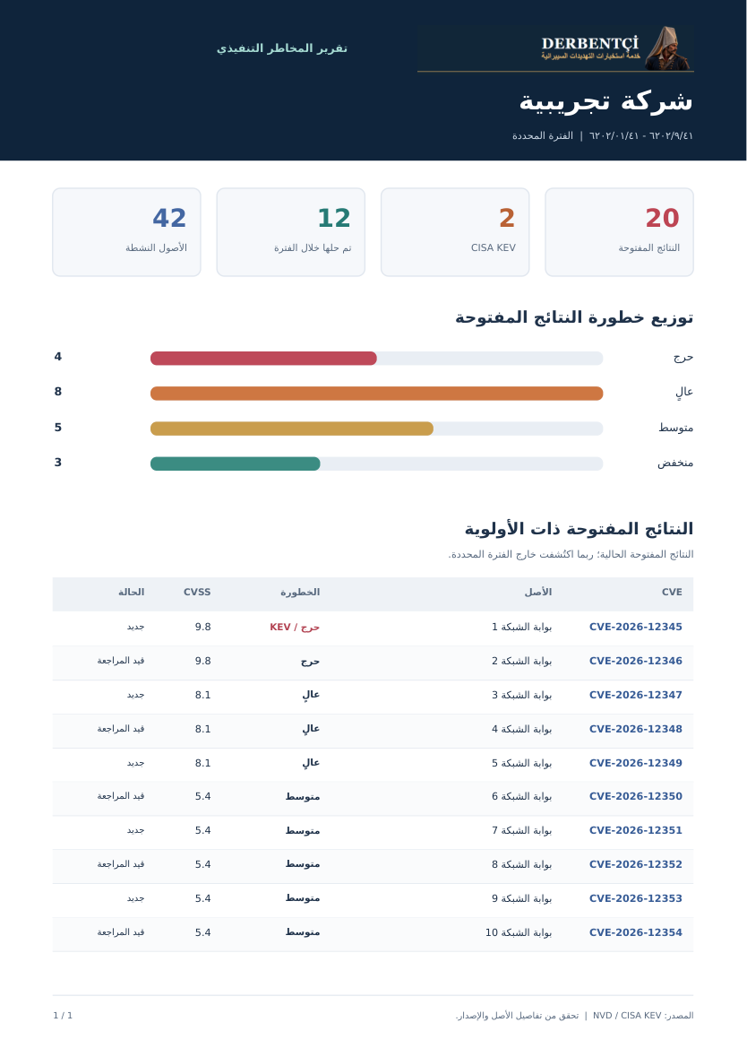 مثال لتقرير PDF يوضح توزيع المخاطر والنتائج ذات الأولوية