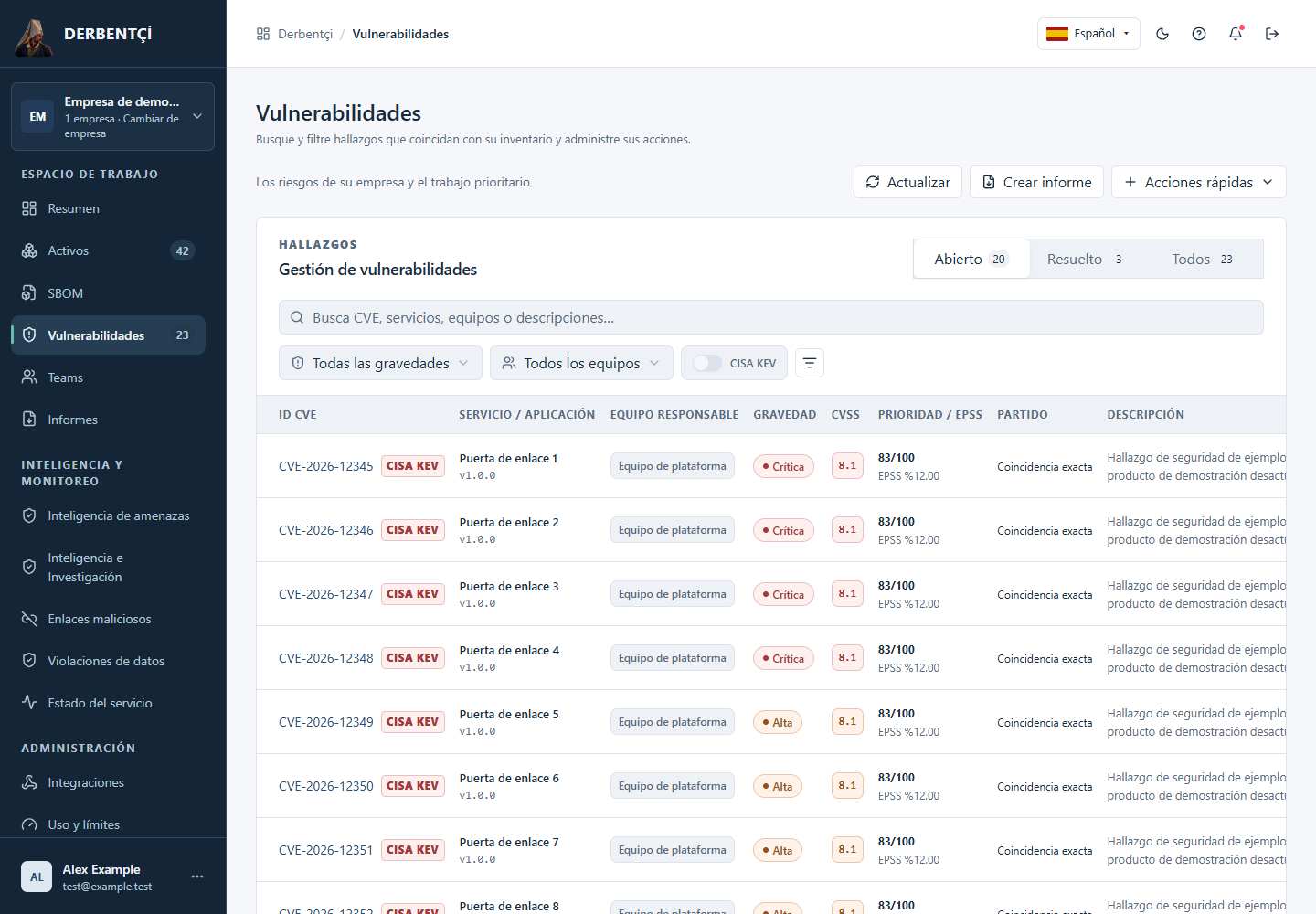 Pantalla de vulnerabilidades que muestra CVSS, KEV e información de prioridad