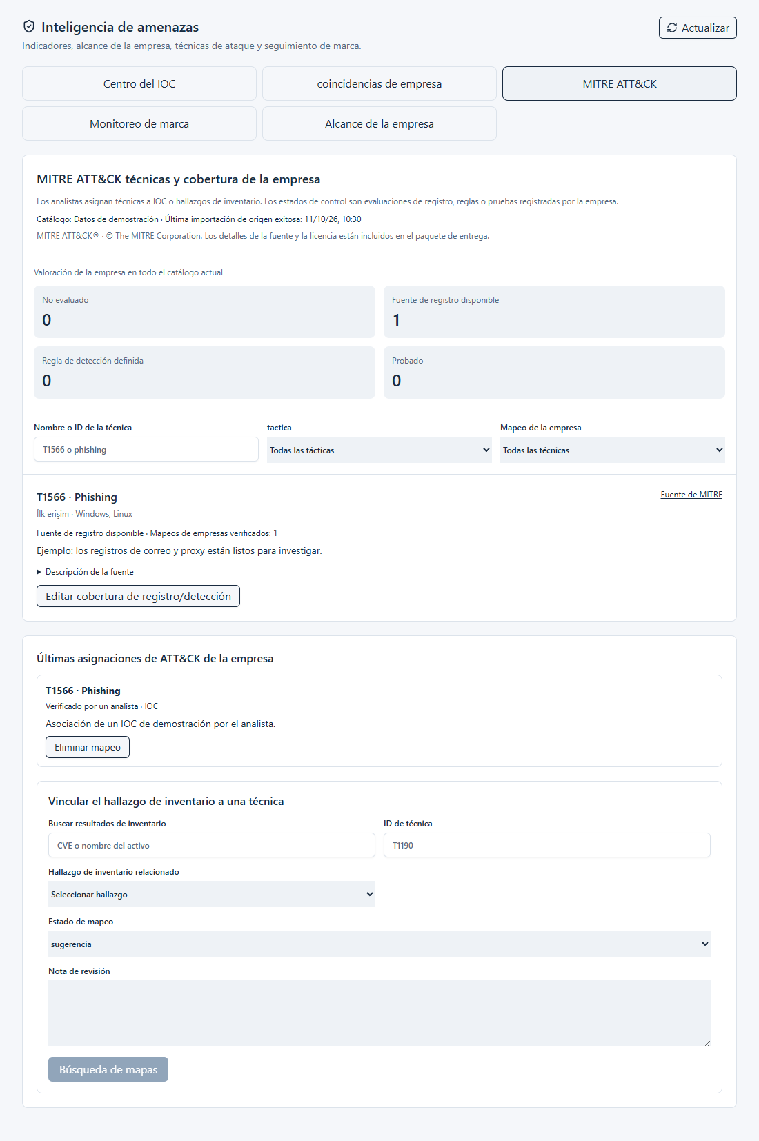 Captura de pantalla de MITRE ATT&CK capturada a partir de componentes reales de la aplicación utilizando datos de muestra