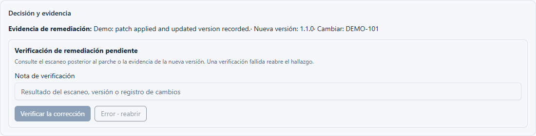 Captura de pantalla de OpenVEX y verificación de remediación capturada de componentes reales de la aplicación utilizando datos de muestra