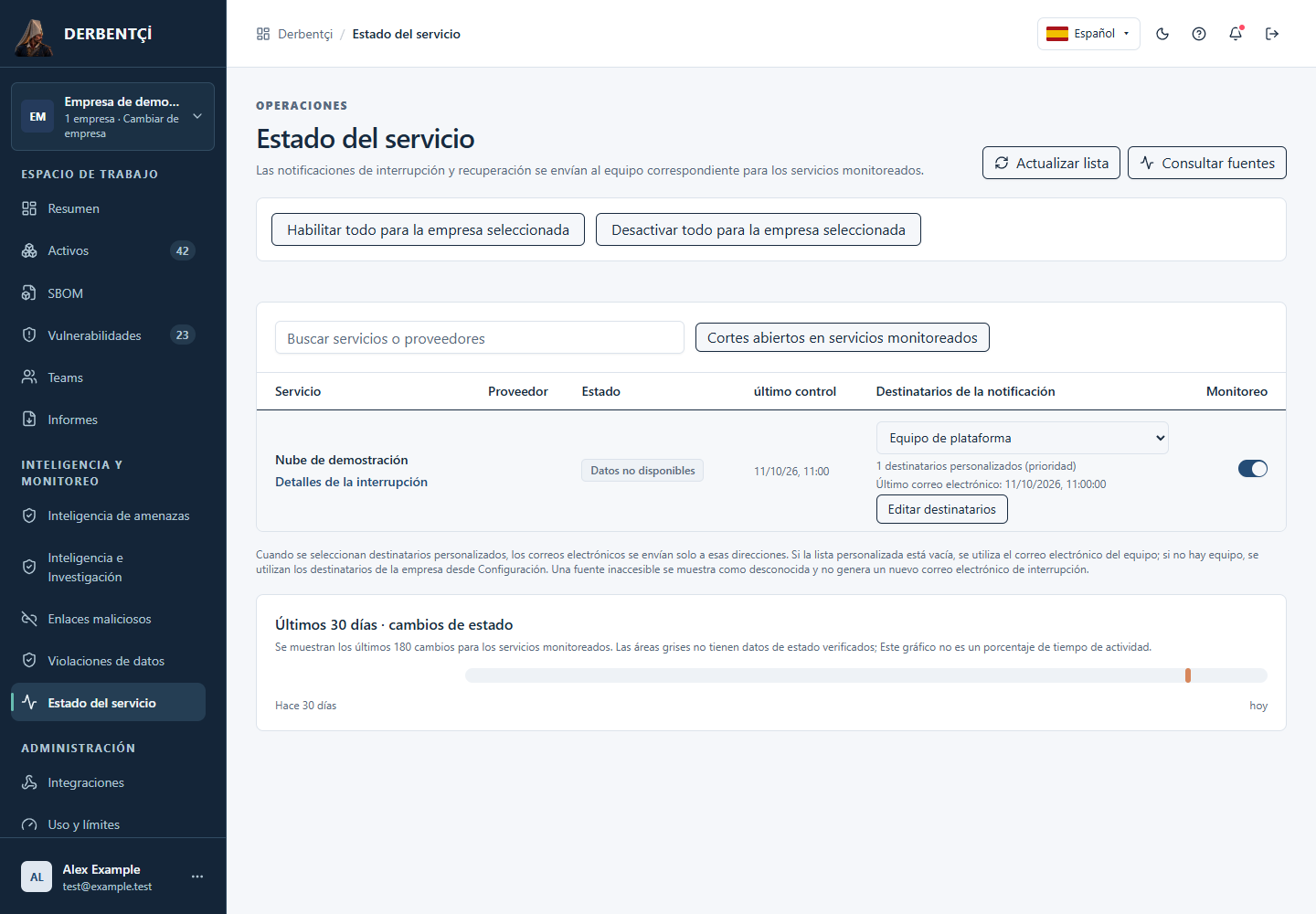 Pantalla de estado del servicio que muestra estados de proveedores e incidentes abiertos