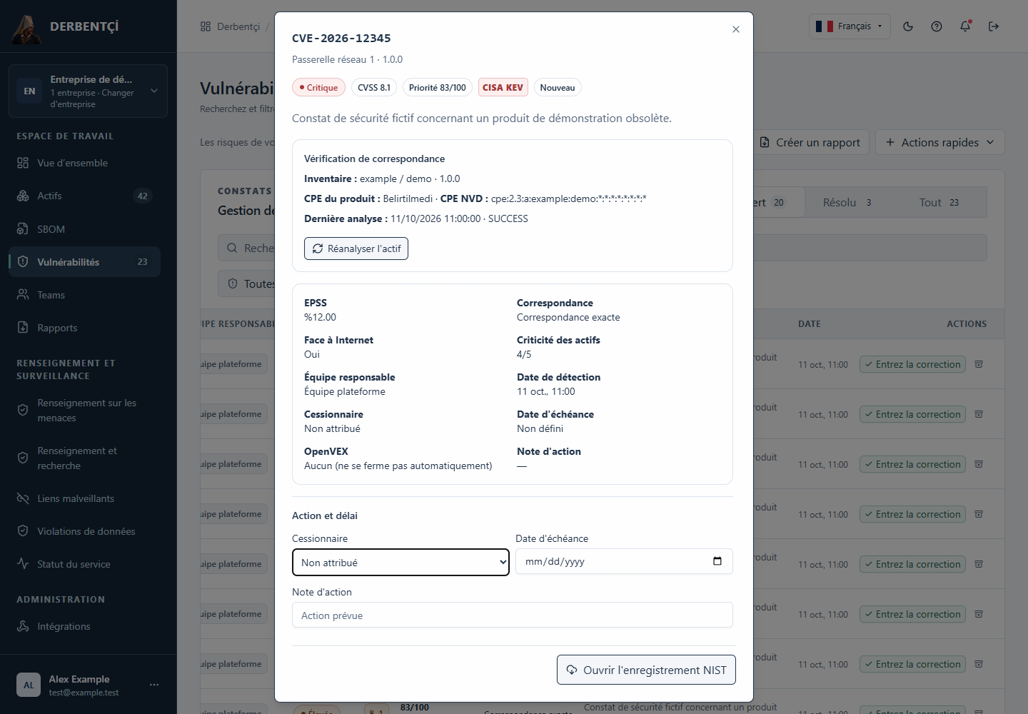 Écran de suivi des actions affichant les responsables, les dates d'échéance et les statuts de recherche
