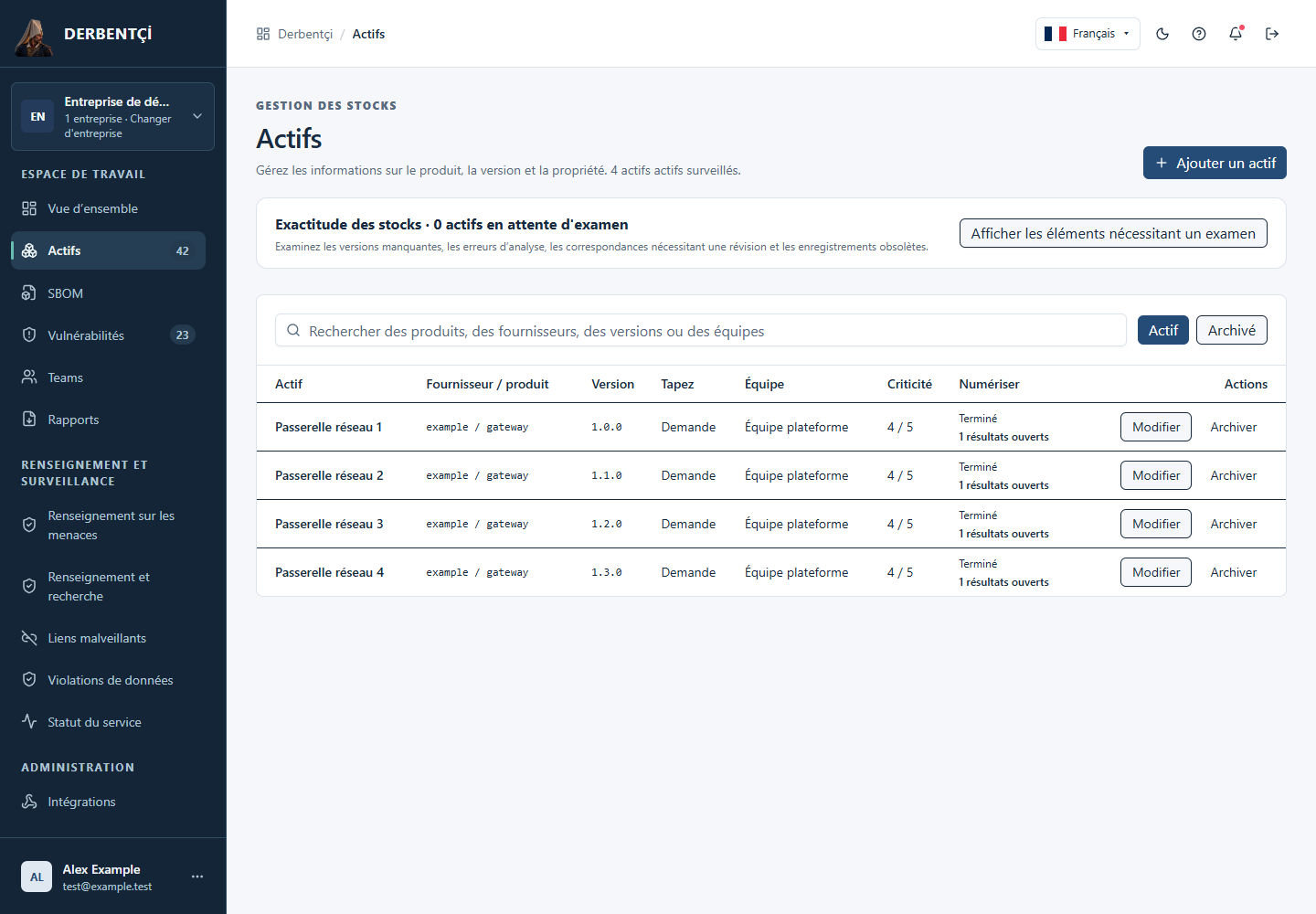 Écran d'inventaire affichant les produits, les versions, les équipes et les résultats de l'analyse