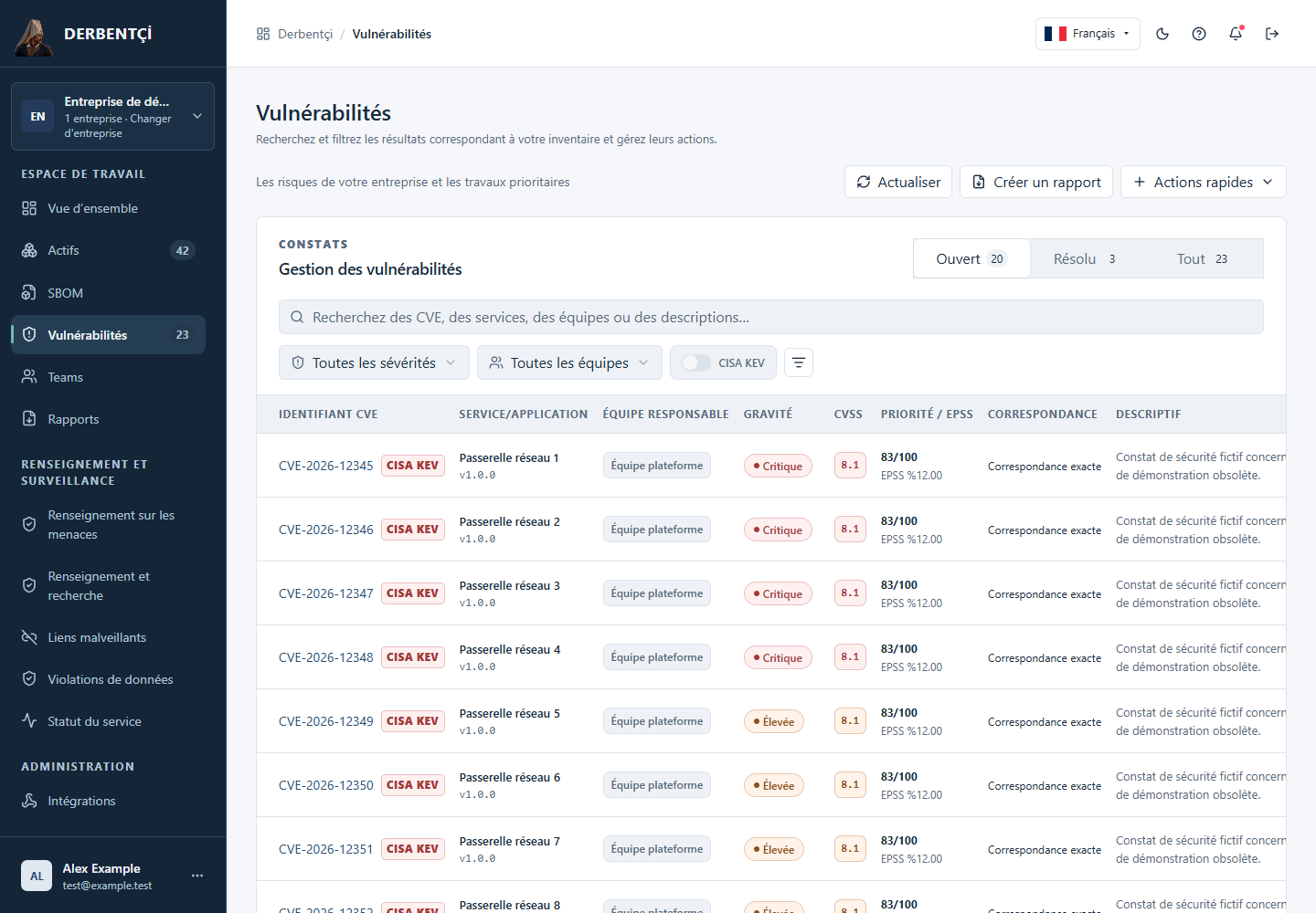 Écran de vulnérabilités affichant CVSS, KEV et informations de priorité