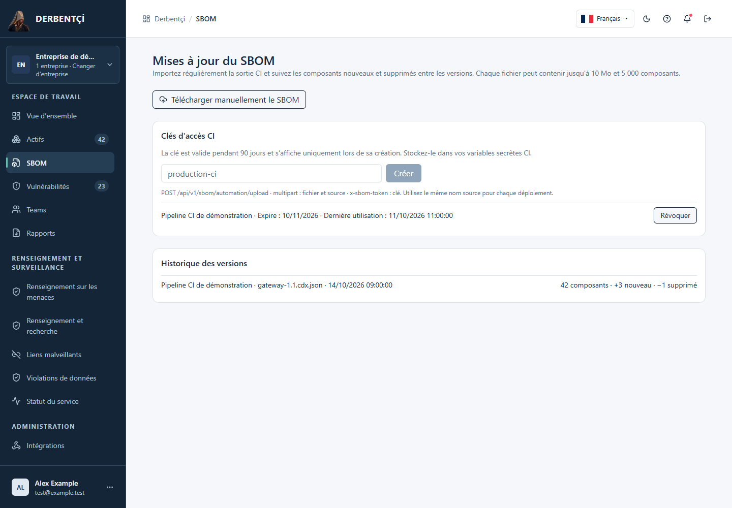 Écran SBOM affichant les composants logiciels et les correspondances OSV