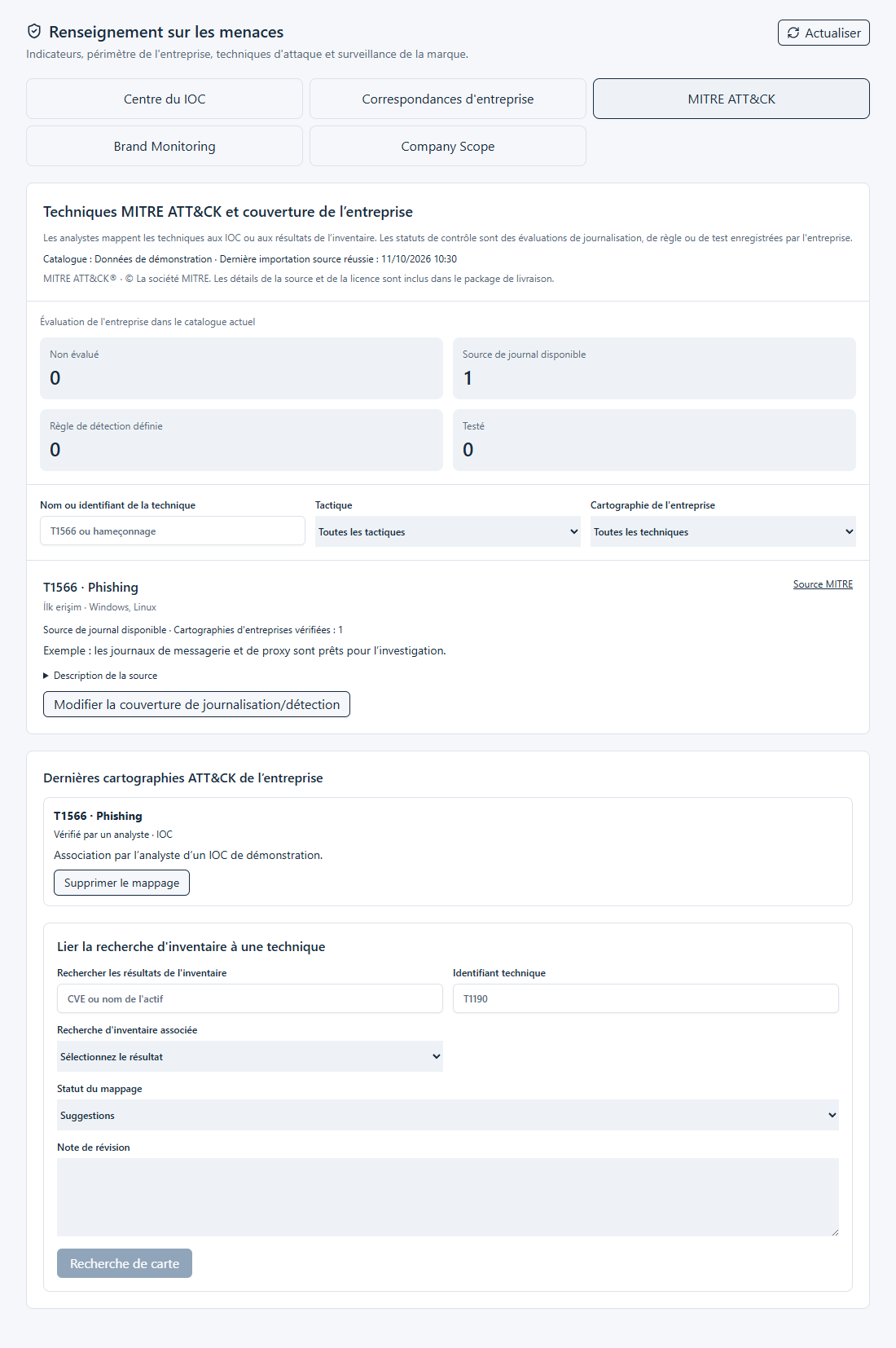 Capture d'écran de MITRE ATT&CK capturée à partir de composants d'application réels à l'aide d'exemples de données