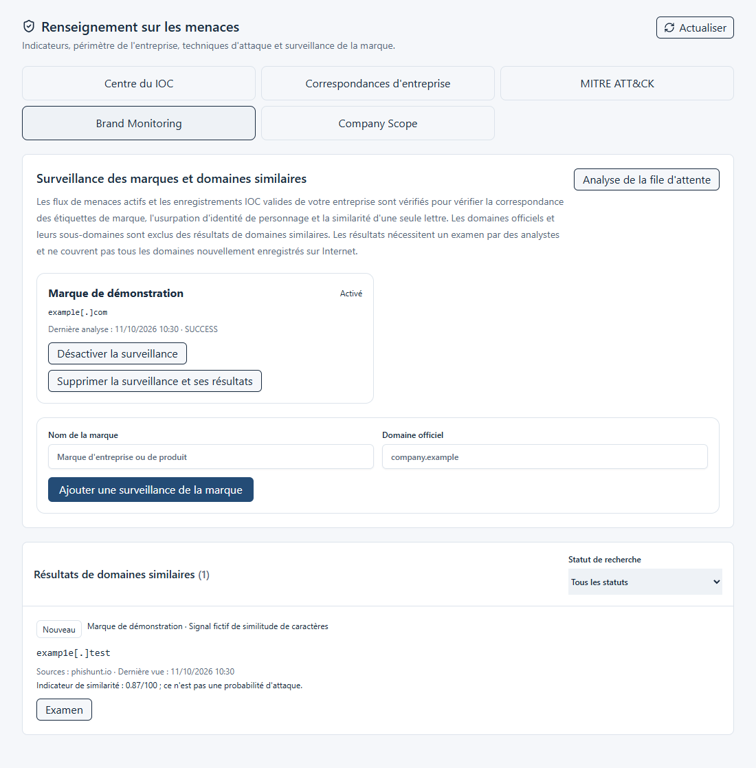 Capture d'écran de la surveillance de la marque et du domaine capturée à partir de composants d'application réels à l'aide d'exemples de données