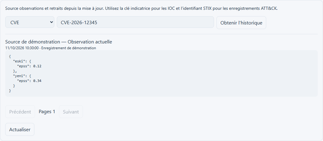 Capture d'écran de l'historique source capturée à partir de composants d'application réels à l'aide d'exemples de données