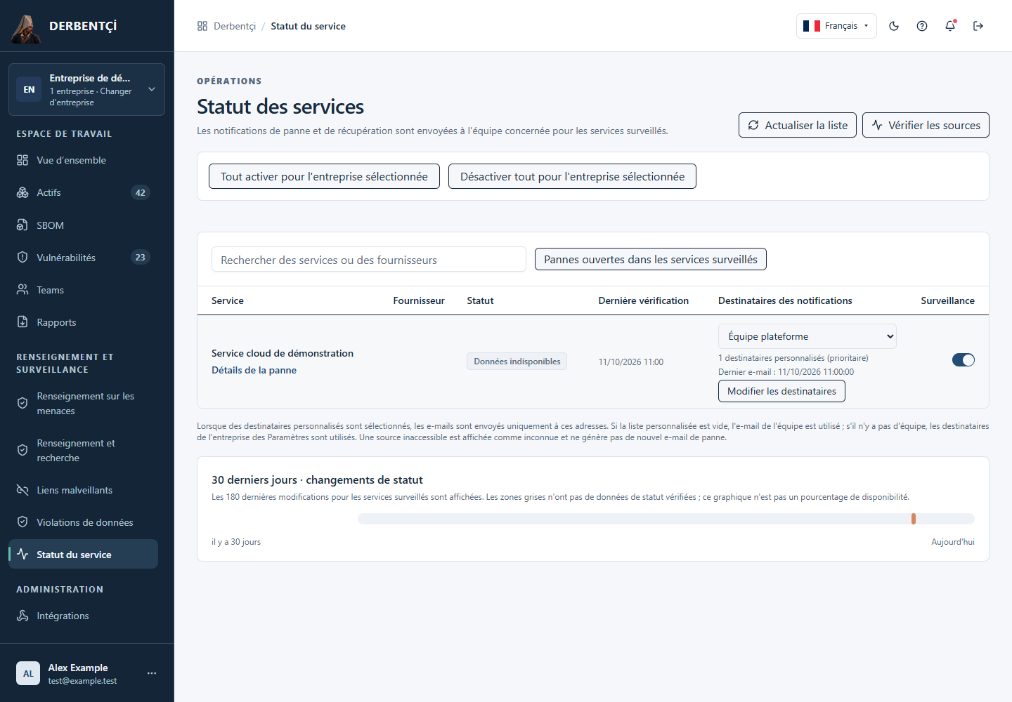 Écran d'état du service affichant les statuts des fournisseurs et les incidents ouverts