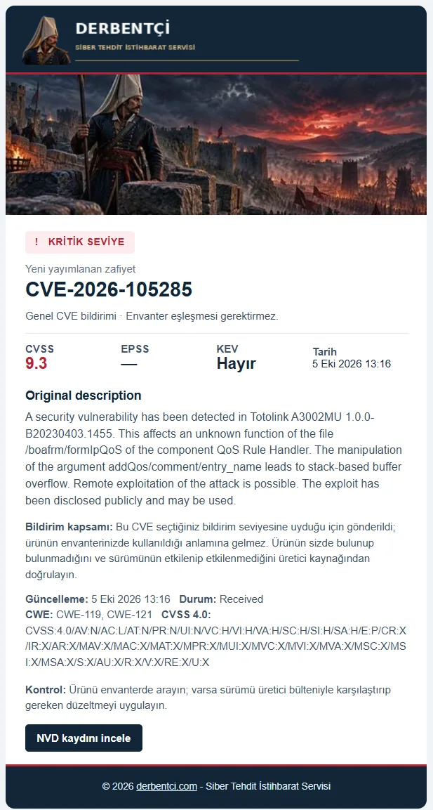 Kritik seviye e-posta örneği