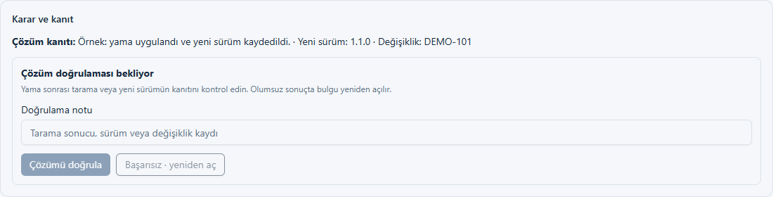 OpenVEX ve çözüm doğrulama için uygulamanın gerçek bileşenleriyle, örnek veriler kullanılarak alınmış ekran görüntüsü